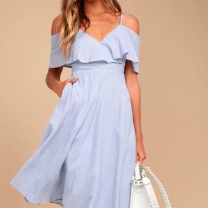 YACHT ROCK BLUE AND WHITE STRIPED OFF-THE-SHOULDER